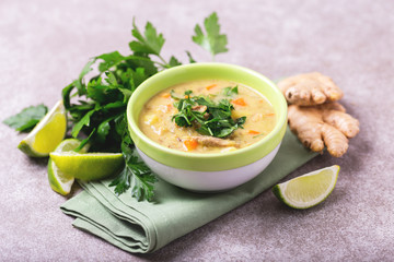 Indian Mulligatawny soup with lentil, parsley. Copyspace, horizontal view.