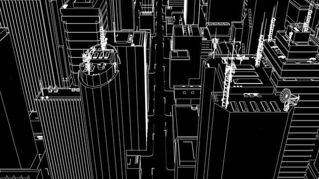 Cityscape 101: 3D animation wire-frame of a city aerial flyover (Loop).