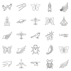 Fototapeta premium Flight on wing icons set, outline style
