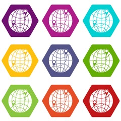 Globe icon set color hexahedron