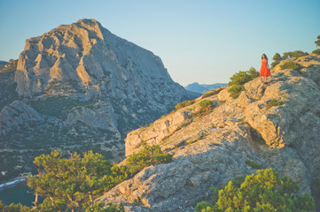 Obraz premium Woman in red dress walking on rock