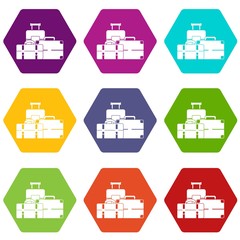 Baggage icon set color hexahedron