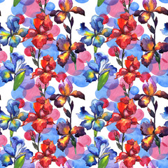 Wildflower iris flower pattern in a watercolor style. Full name of the plant: iris. Aquarelle wild flower for background, texture, wrapper pattern, frame or border.