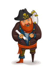 An illustration of a friendly cartoon pirate holding a treasure map. A cartoon pirate with a parrot on his shoulder. Pirate Red beard. One-legged pirate.