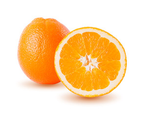 Whole and halved oranges. Clipping paths for objects. Isolated on white background. Infinite depth of field
