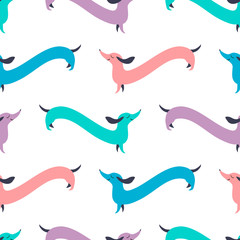 Fototapeta premium Vector seamless pattern with funny long Dachshund dog. Cute background in cartoon style. Design element can be used for decoration of greetings cards, invitations, posters, banners, wrapping