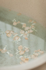 Bright Bathroom at Home. Bath with Flower Petals and Salt. Tray over the Bath with Orange Juice, Notepad and Candles.