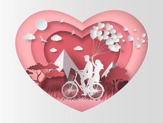Couple in love, happy couple riding along on mountain with one hand holding heart shaped balloons, paper art style, flat-style vector illustration.