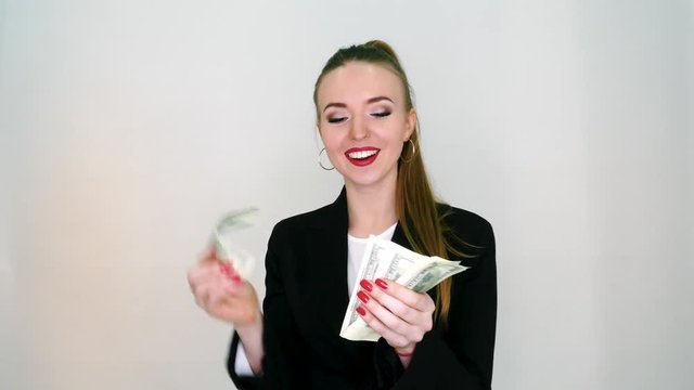 Woman Corporate Business Employee Holding Dollar Banknotes Tightly.