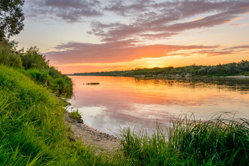 Russian landscape. Sunset over the river Oka.