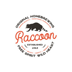 Wild animal badge with Raccoon and typography elements. Beer Logo template for brewing company. Stock vector beer house label, emblem with letterpress effect. Isolated on white