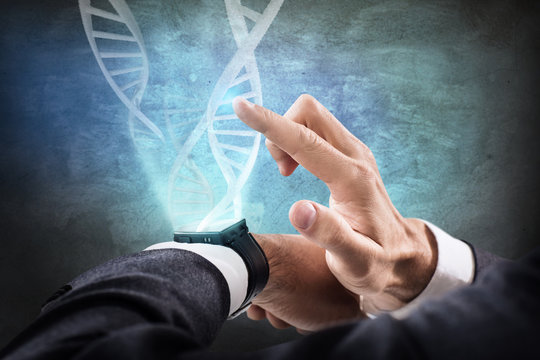 DNA chains flow from smart watch.