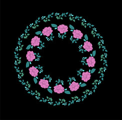 Wreath with roses flowers hand drawn, isolated on black background. Round frame for invitation ,wedding, birthday card, vector illustration..
