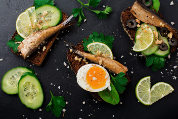 Fish sandwiches with sprats, cucumber, lime, boiled eggs, parsley leaves and chard on rye bread on black old concrete or stone background. Selective focus. Rustic style. Top view. Copy space.