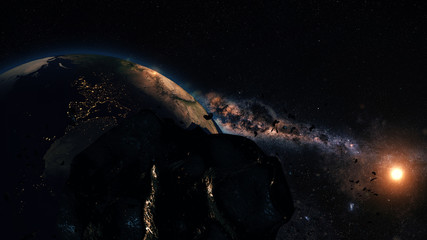 Computer generated image of an asteroid coming close to planet Earth. Conceptual image - obrazy, fototapety, plakaty
