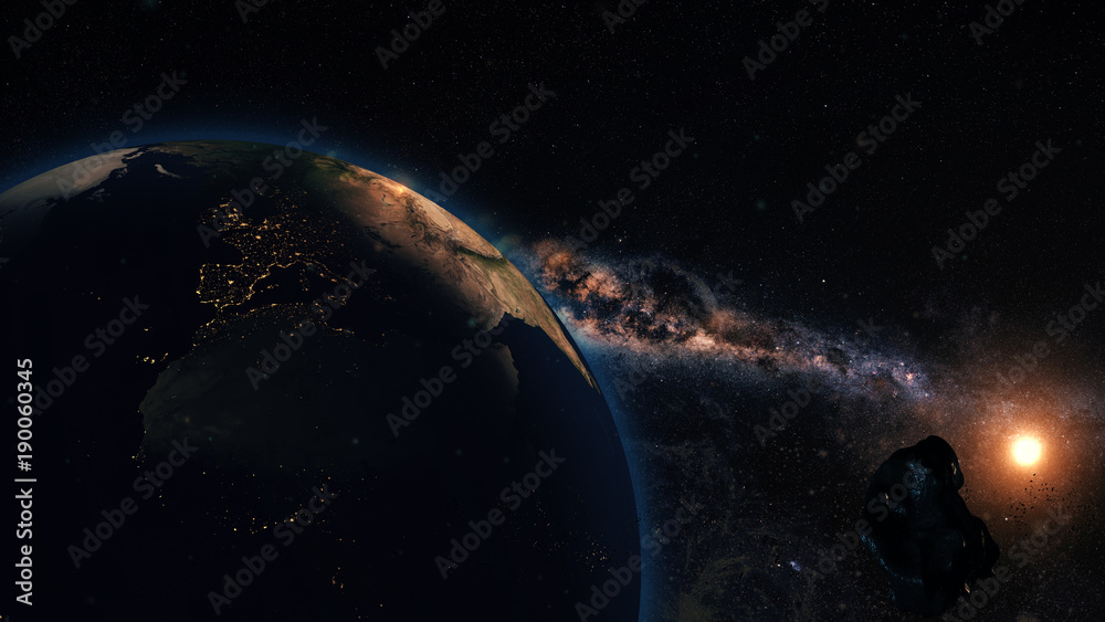 Wall mural computer generated image of an asteroid coming close to planet earth. conceptual image