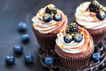 Homemade delicious chocolate cupcakes with fresh berries on top