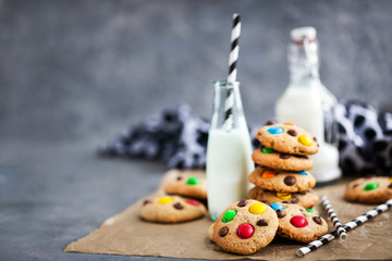 Homemade freshly baked chocolate chips cookies with candies
