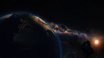 Computer generated image of an asteroid coming close to planet Earth. Conceptual image