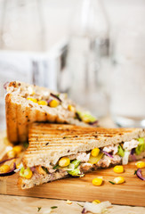 Homemade tuna sandwich, close-up, selective focus