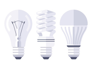 Bulb types flat design. Incandescent, fluorescent and LED lamp. Vector illustration