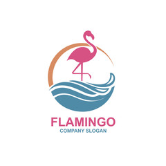 pink flamingo emblem with sun and waves