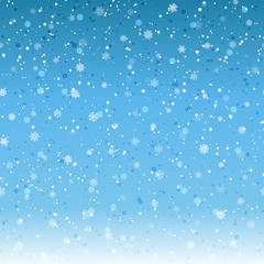 Falling shining snow or snowflakes on blue background for  Happy New Year. Vector