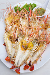 Steamed river shrimp,Boiled river shrimpin in white dish on table.