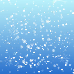 Fototapeta na wymiar Falling shining snow or snowflakes on blue background for Happy New Year. Vector