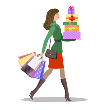 Shopping girl. Woman with colourful gift boxes and shopping bags. Sale and shopping concept. Vector illustration, eps 10.