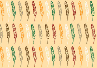 Vector pattern illustration hand drawn spring wheat in orange,green, brown, red, white and gray colors palette. Malt beer background. Autumn harvest.