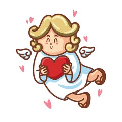 Cute cupid baby character with wings and heart. Romantic hand drawn love illustration art in cartoon for valentine day, for print, greeting card, poster