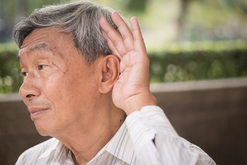 senior old man listening, hearing problem or receiving information