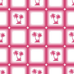 Seamless Pattern, Exotic Landscape, Red Tropical Palm Trees Silhouettes in Pink Squares on Tile White Background. Vector