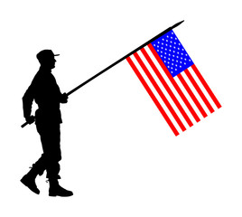 United States of America soldier with flag vector silhouette. Ceremonial day of independence. Memorial army saluting, national veteran day. Battle for freedom ceremony. Military walk for USA liberty.
