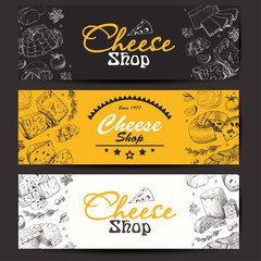 Horizontal banners with a variety of cheeses