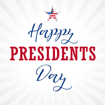 Happy Presidents Day USA lettering, star on light stripes. Calligraphic composition of Happy Presidents Day with star and text on beams. Vector illustration