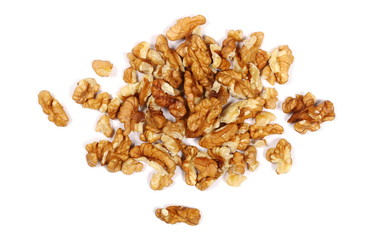 Walnut kernels, pile isolated on white background, top view