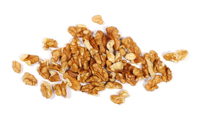 Walnut kernels, pile isolated on white background, top view
