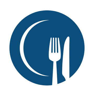 Fork and knife on blue plate icon. Cutlery and menu. Stock vector graphic