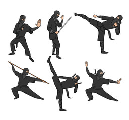 Set of japanese ninja warriors dressed in black with swords and other weapons. Vector illustration, isolated on white background. © Tatyana