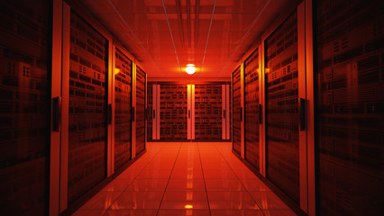 Blackout concept. Emergency failure red light in data center with servers. 3D rendered illustration. - obrazy, fototapety, plakaty