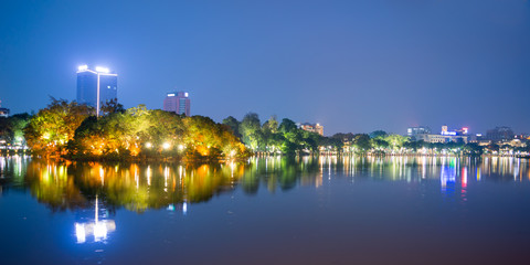 Fototapeta na wymiar Lake of the Restored Sword (Hoan Kiem Lake) at night in Hanoi, Vietnam