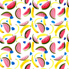 Naklejka premium Seamless watercolor pattern with bananas and watermelon slices