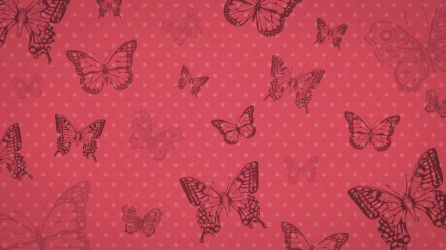 Vintage animated background with butterfly. Red, cherry color. Texture of crumpled paper.