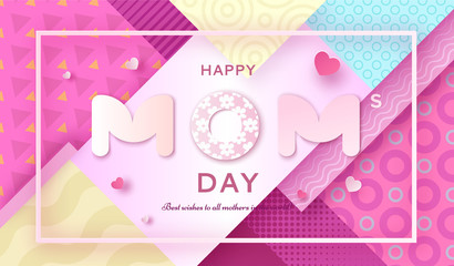 Trendy geometric mother's day banner in modern 90s 80s memphis style with paper art shapes, origami elements, patterns, flowers, woman holding baby, colorful background, vector illustration