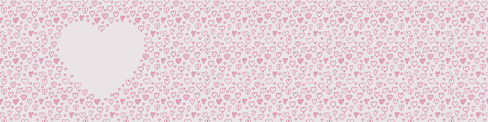 Layout of banner with cute hand drawn hearts and copyspace. Valentine's Day, Mother's Day or Women's Day. Vector.