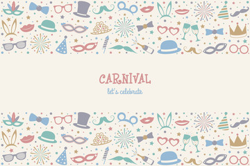 Carnival Party - vintage banner with funny icons and greetings. Vector.