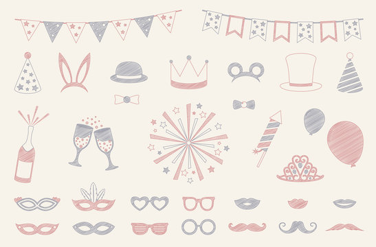 Party icons - hand drawn sketch. Carnival, photo booth and birthday party. Vector.