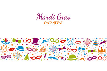 Mardi Gras - colourful banner with party icons. Vector.